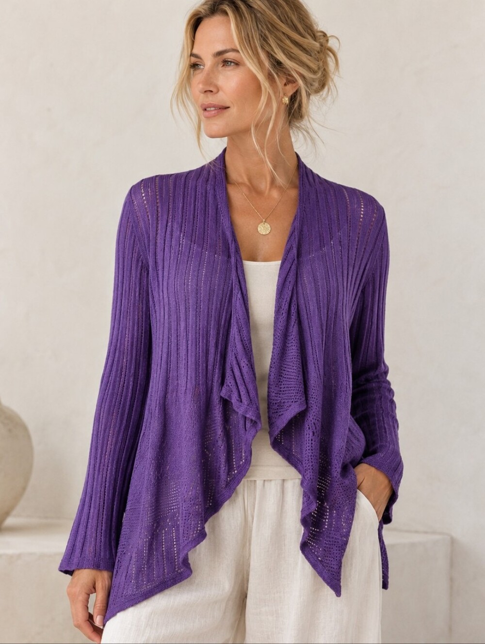 Eileen Fisher Linen Cotton‎ Ribbed Pointelle Open Front Cardigan M Purple Resort